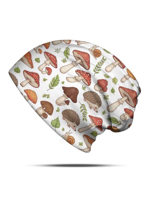 Hedgehog and Toadstool White Pattern Slouchy Beanie Hat, Casual Daily Hat with Stretchy Fabric & Soft Texture, Lightweight Flexible Gifts for Birthday Christmas Thanksgiving
