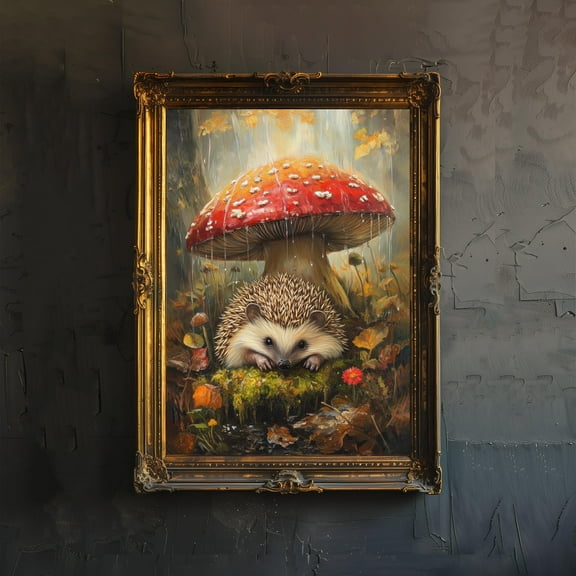 Hedgehog Under Mushroom Poster Cottagecore Decor Dark Academia Art Enchanted Illustration Vintage Woodland Wall Art Rustic Aesthetic