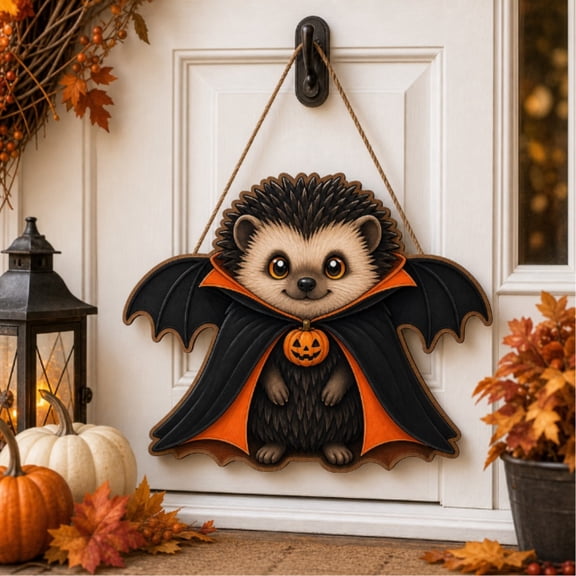 Hedgehog Vampire Pumpkin Wooden Door Sign for Halloween Entryway Welcome