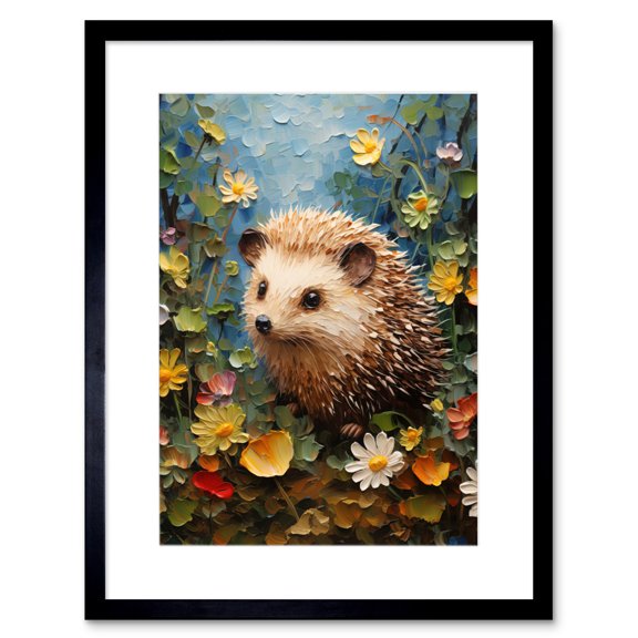 Hedgehog Wildflower Meadow Thick Paint Oil Painting Kids Bedroom Cute Woodland Creature Artwork Framed Wall Art Print 9X7 Inch