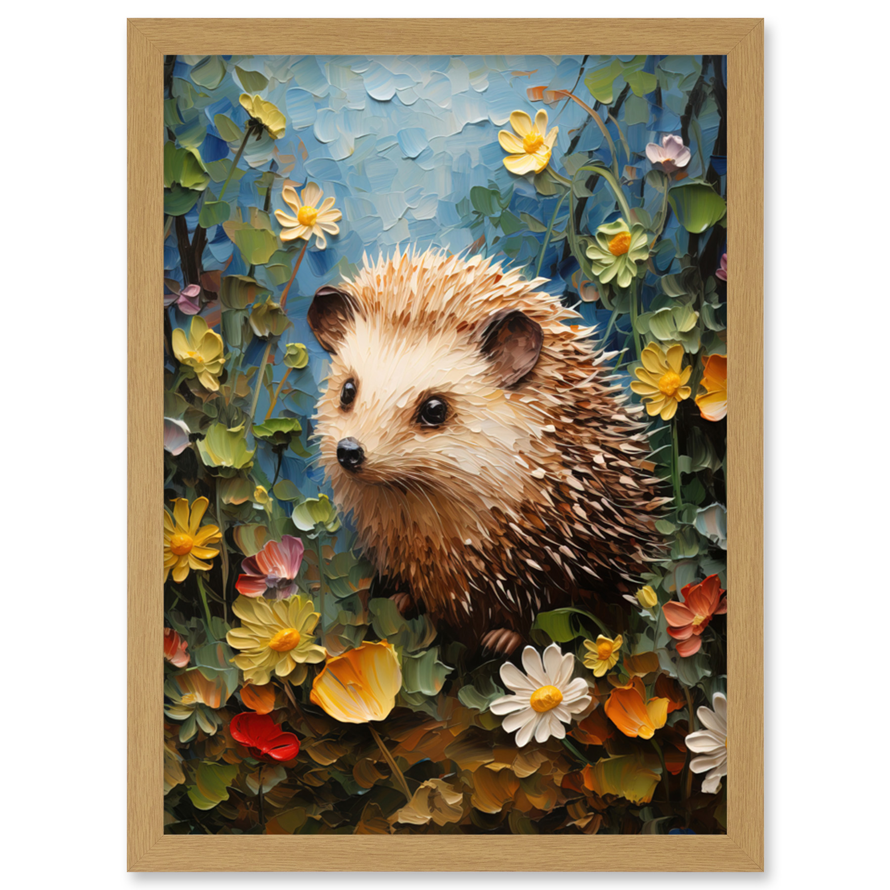 Adorable Hedgehog In A Wildflower Meadow Watercolour Painting Kids Bedroom Cute Woodland Creature Artwork Framed Wall Art Print 9x7 Inch