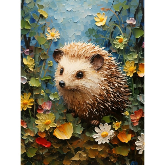 Hedgehog Wildflower Meadow Thick Paint Oil Painting Kids Bedroom Cute Woodland Creature Extra Large XL Wall Art Poster Print