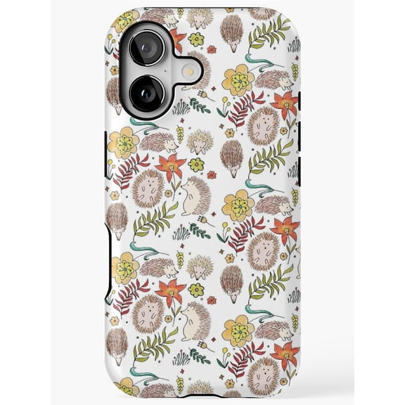 Hedgehog, Wildflower and Leaf Pattern Tough Phone Case for Apple iPhone, Polycarbonate Shell with TPU Liner