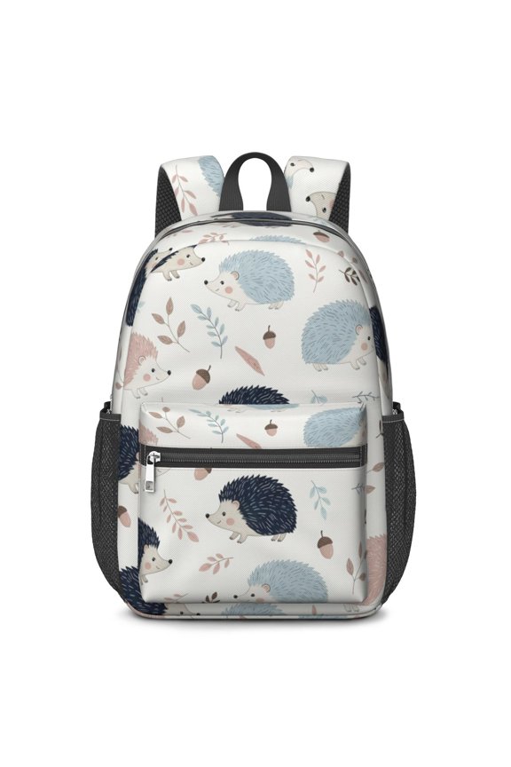 Hedgehog and Acorn White Pattern 17" School Backpacks for Teens,Waterproof Oxford Fabric,S-Shape Padded Straps for School,Travel,Hiking,Camping