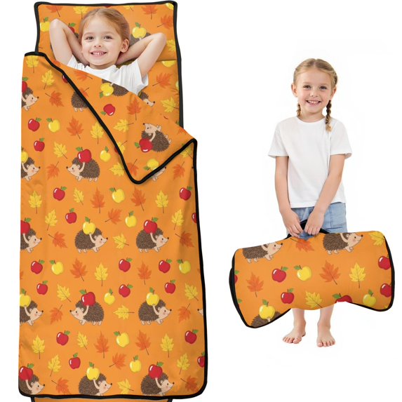 Hedgehog and Apple Orange Pattern Teens Toddler Nap Mat with Pillow, Sleeping Mat Bag for Preschool Daycare 59"x22"