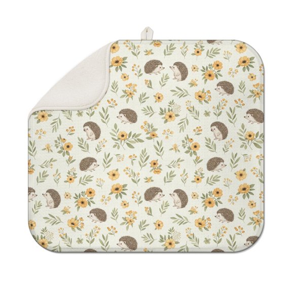 Hedgehog and Buttercup Cream Pattern 1 Pack Kitchen Dish Drying Mat, Ultra Absorbent Microfiber Dish Drainer Mat, 16"x18"