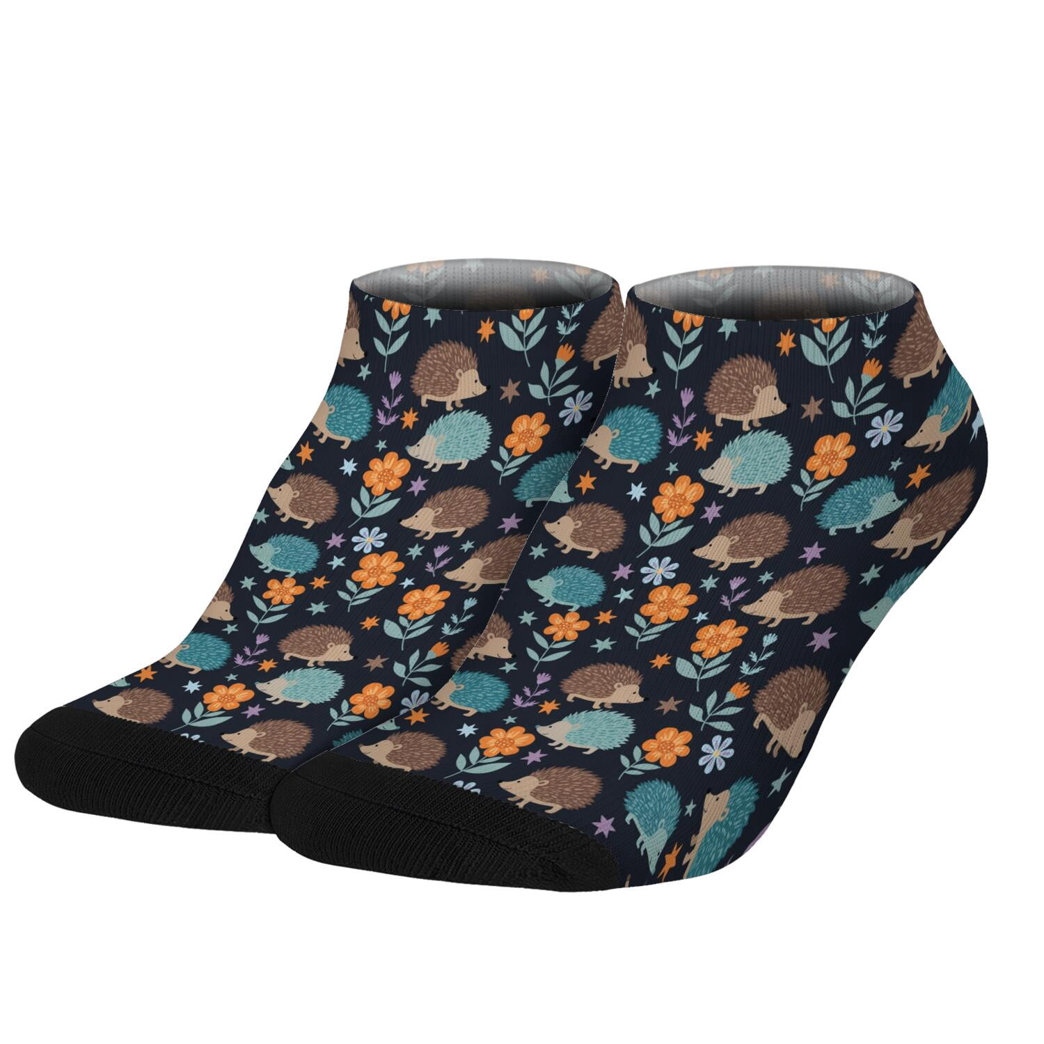 Hedgehog and Daisy Blue Pattern Women's Ankle Socks, Low Cut Daily ...