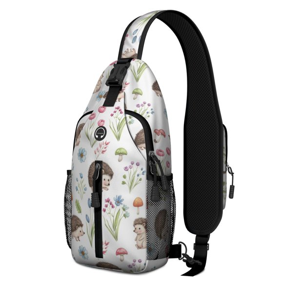 Hedgehog and Flower White Pattern Sling Backpack, Casual Day Sling Pack with Earphone Port, Multi Pocket Design Gift Ideas for Travel Shopping