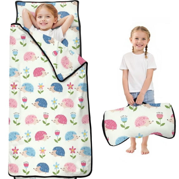 Hedgehog and Flower White Pattern Teens Toddler Nap Mat with Pillow, Sleeping Mat Bag for Preschool Daycare 59"x22"