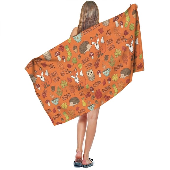 Oramge Pattern Hedgehog and Fox Orange Pattern Microfiber Bath Towel, Gym Shower Towel ...