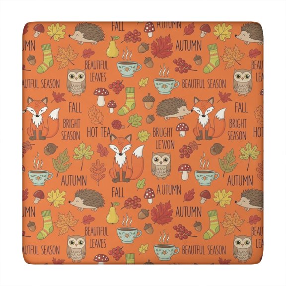 Hedgehog and Fox Orange Pattern Square Fitted Tablecloth with Elastic Edge, Washable Table Cover for Home Kitchen Party and Daily Decor 34"x34"