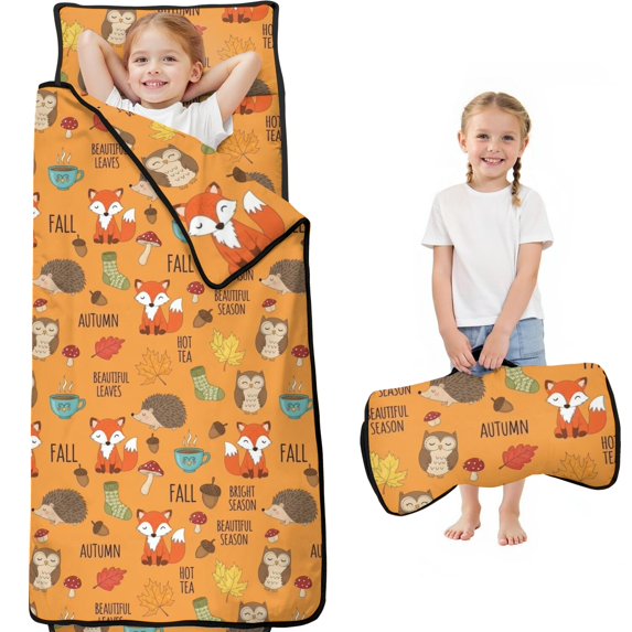 Hedgehog and Fox Orange Pattern Teens Toddler Nap Mat with Pillow, Sleeping Mat Bag for Preschool Daycare 60"x20"