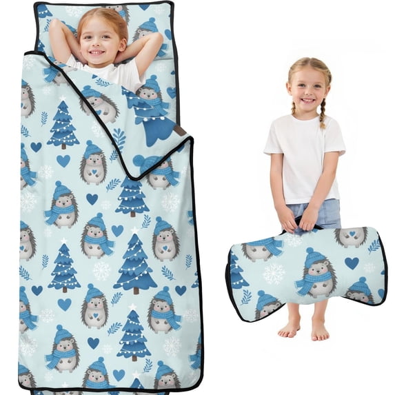 Hedgehog and Hat Blue Pattern Teens Toddler Nap Mat with Pillow, Sleeping Mat Bag for Preschool Daycare 60"x20"
