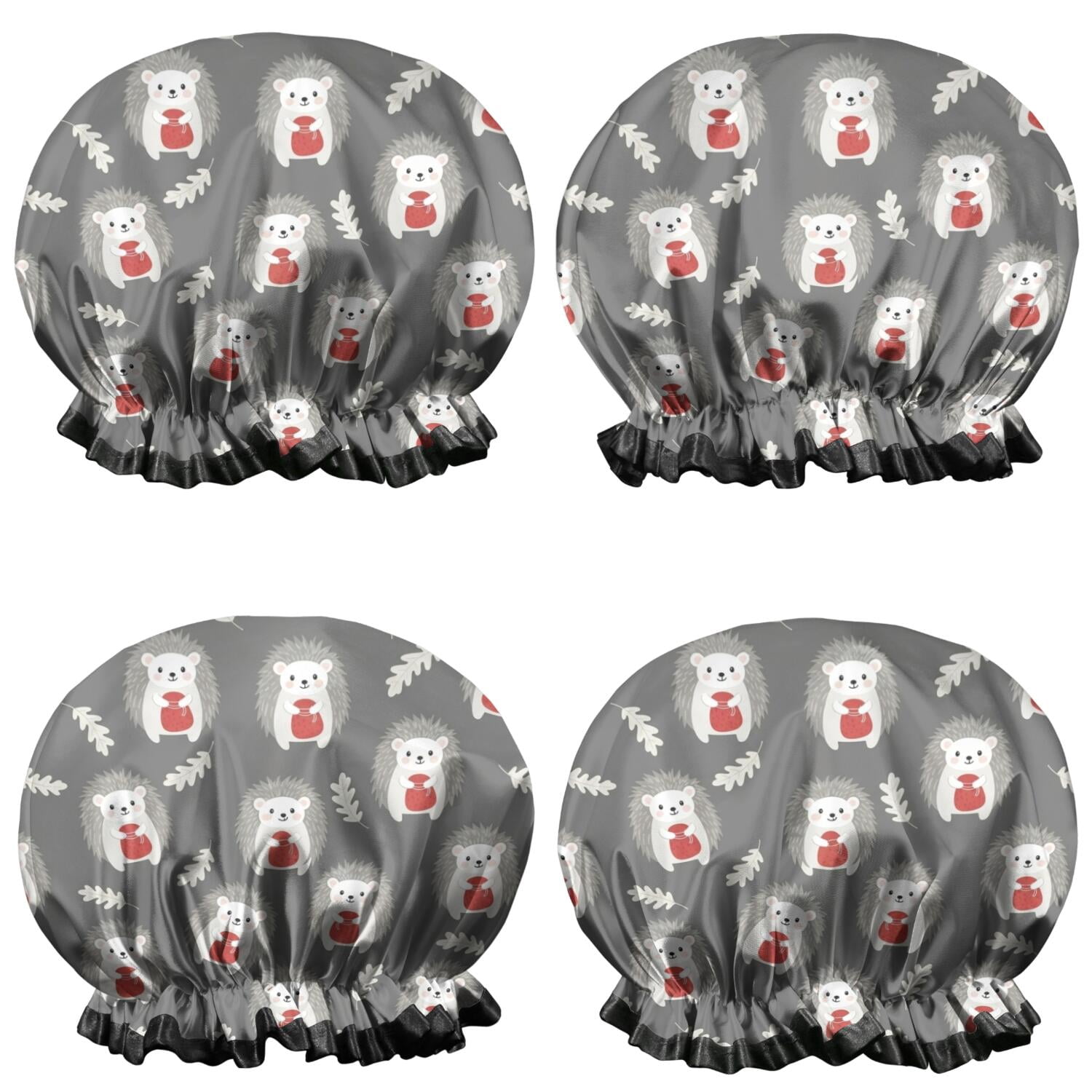 Grey Pattern Cover Hedgehog and Jam Grey Pattern 4 Pack Waterproof Shower Caps, Satin ...