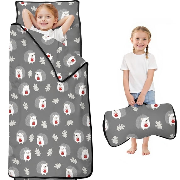 Hedgehog and Jam Grey Pattern Teens Toddler Nap Mat with Pillow, Sleeping Mat Bag for Preschool Daycare 59"x22"