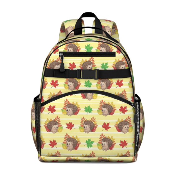 Hedgehog and Leaf Yellow Pattern Cute School Backpack Bag for School with Padded Back and Adjustable Shoulder Straps 15.25"x11.5"x5.25"