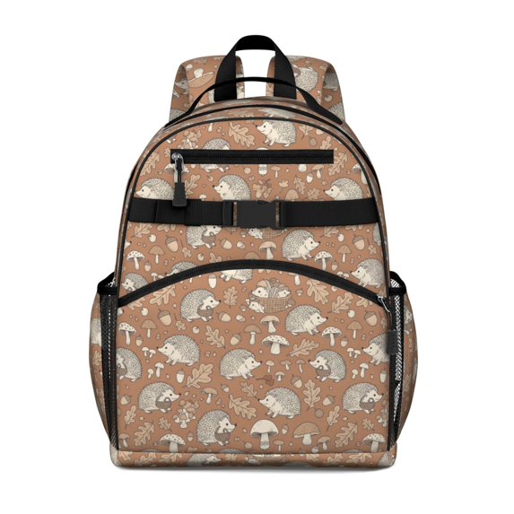 Hedgehog and Mushroom Brown Pattern Cute School Backpack Bag for School with Padded Back and Adjustable Shoulder Straps 15.25"x11.5"x5.25"