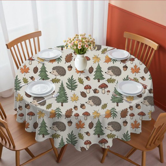 Hedgehog and Pine Beige Pattern Round Tablecloth 60"x60", Wrinkle Resistant Wipeable Table Cover for Kitchen Dining Room Picnic Patio and Party