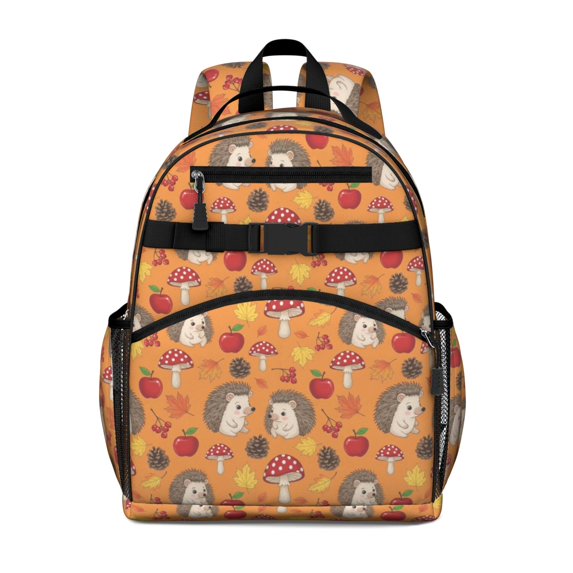 Hedgehog and Pinecone Orange Pattern Cute School Backpack Bag for School with Padded Back and Adjustable Shoulder Straps 15.25"x11.5"x5.25"