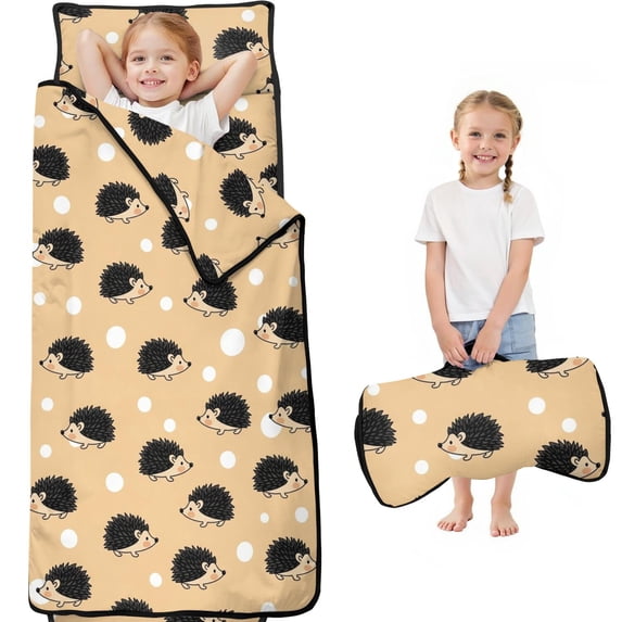 Hedgehog and Polkadot Beige Pattern Teens Toddler Nap Mat with Pillow, Sleeping Mat Bag for Preschool Daycare 59"x22"