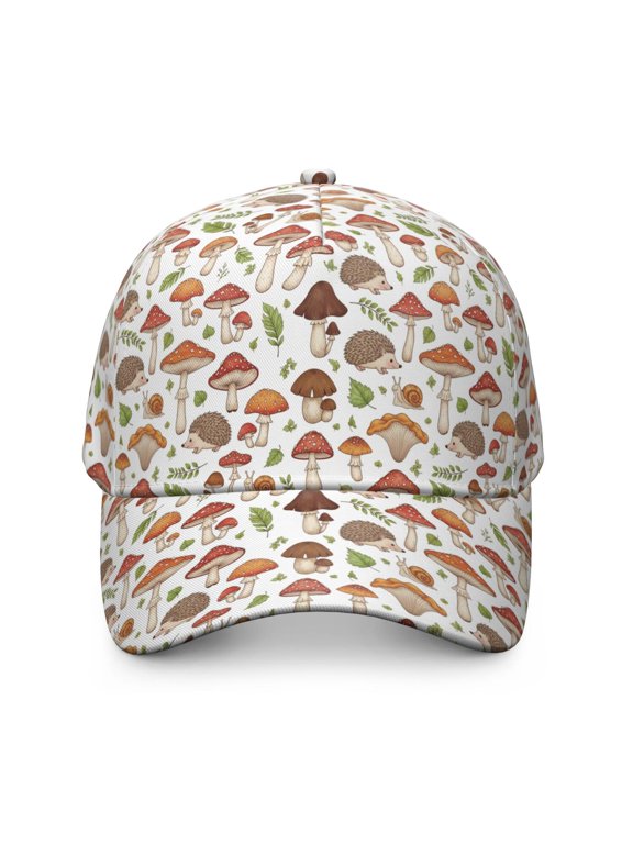 Hedgehog and Toadstool White Pattern Baseball Cap, Outdoor Travel Cap with Snap Closure & Sweatband, Breathable Eyelets Gifts for Unisex Men Women