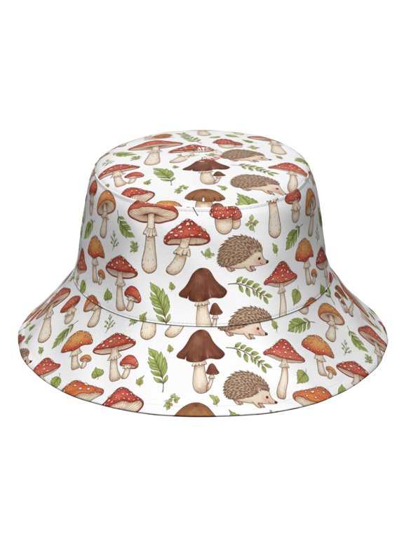 Hedgehog and Toadstool White Pattern Bucket Hat, Fishing Hiking Cap with Wide Brim & Breathable Fabric, Foldable Design Gifts for Unisex Men Women