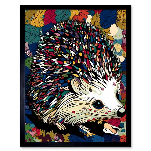 Hedgehog in Autumn Leaves Acrylic Painting Pattern Woodland Creature Art Print Framed Poster Wall Decor 12x16 inch