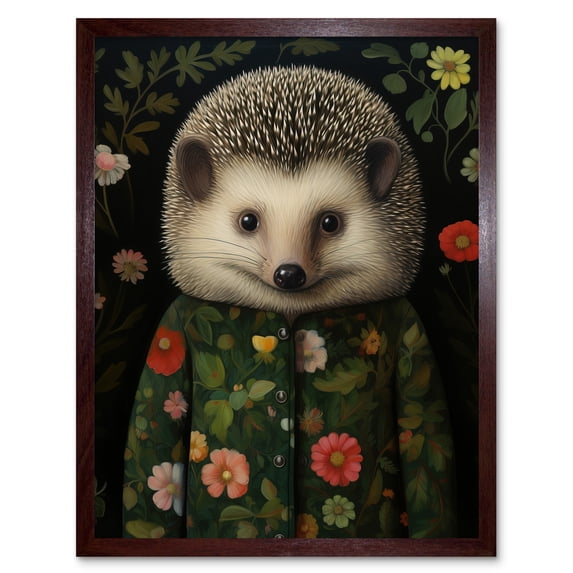 Hedgehog in Hedgerow Floral Jacket Cute Kids Bedroom Artwork Art Print Framed Poster Wall Decor 12x16 inch