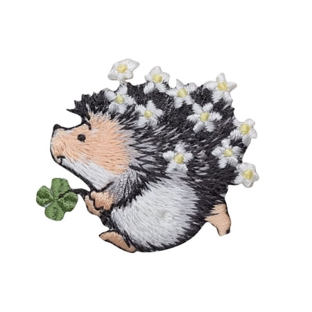 Hedgehog with Clover and Daisy Flowers Embroidered Iron on Patch