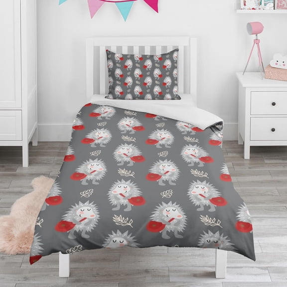 Hedgehog with Red Bag Pattern Duvet Cover and Pillowcase Set for Single Bedding, Bedroom Accessories for Kids Teens
