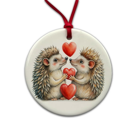 Hedgehogs In Love With Hearts Valentine's Day Christmas Tree Holiday Round Ceramic Ornament