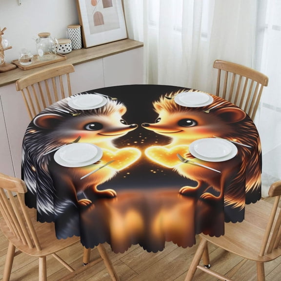 Hedgehogs With Glowing Hearts Round Tablecloth Waterproof Oil Proof Spill Proof Table Cloth 70" for Camping, Dining, Indoor and Outdoor Table Cover