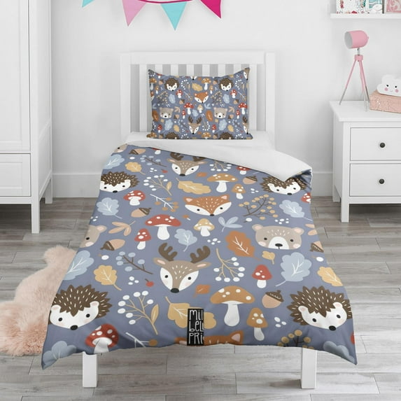 Hedgehogs and Forest Animals Pattern Duvet Cover and Pillowcase Set for Single Bedding, Bedroom Accessories for Kids Teens