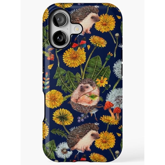 Hedgehogs and Golden Dandelions Navy Tough Case for Apple iPhone, Polycarbonate and TPU