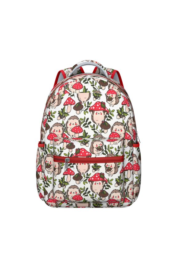 Hedgehogs and Red Mushrooms Pattern Backpack for School,Cute School Bag,Schoolbag with Adjustable Shoulder Straps & Padded Back,15.3"x11"x7.1".