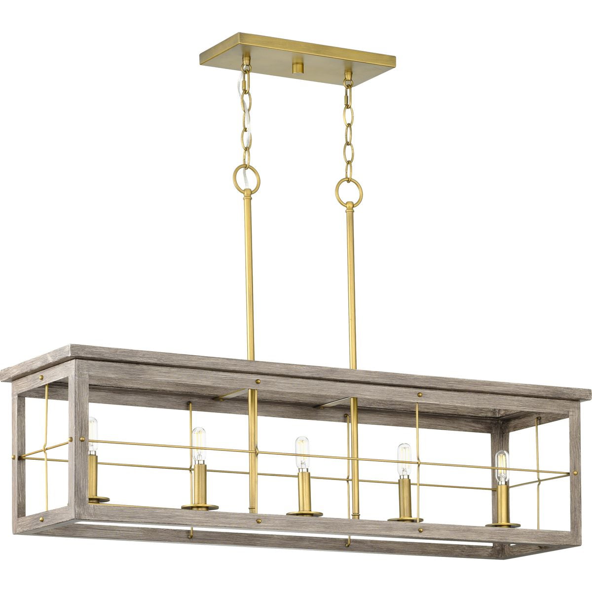 Hedgerow 5-Light Distressed Brass and Oak Linear Island Chandelier