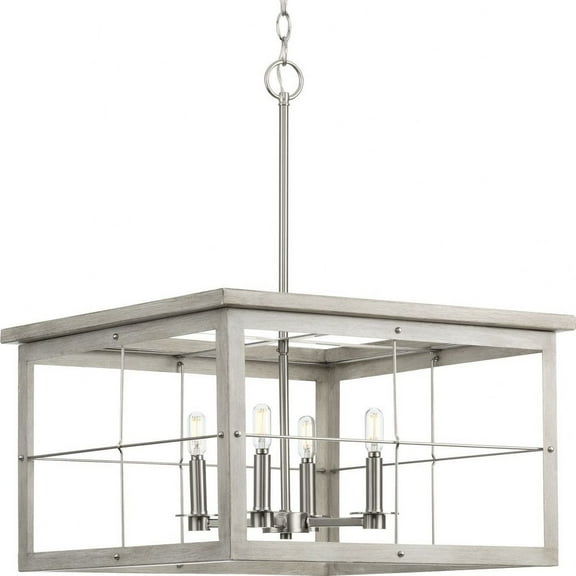 Hedgerow Collection Four-Light Brushed Nickel and Grey Washed Oak Farmhouse Style Chandelier Light