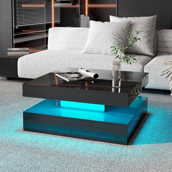 HedoAjim Black LED Coffee Table for Living Room, Living Room Table 2-Tier Square Center Tables, Wood Coffee Tables with Storage, Tea Table for Dining Reception Room
