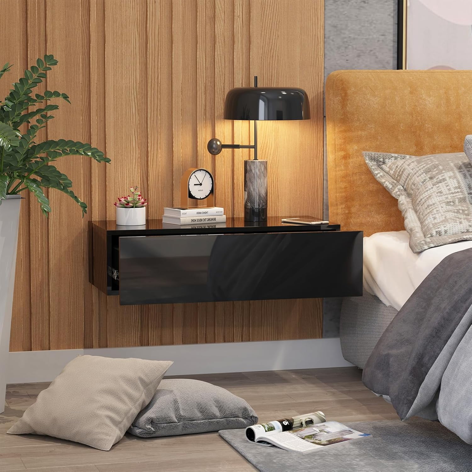 HedoAjim Black Modern Floating Wall Mounted Nightstand with Drawer ...
