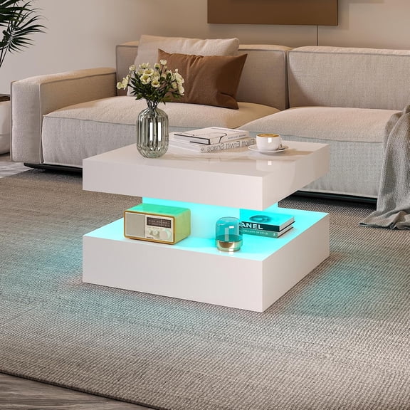 HedoAjim Small White Led Coffee Table for Living Room, 23.6" Wood Square 2-Tier Storage Modern Center Table, Modern High Glossy Wooden Coffee Tables for Small Space