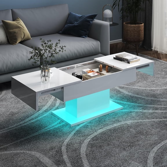 HedoAjim White LED Coffee Table with Storage for Living Room, Living Room Table Rectangular Center Table, Modern High Glossy Wooden Coffee Tables with 16 Colors LED Lights for Dining Reception Room