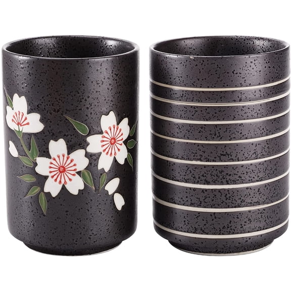 Hedume Set of 2 Japanese Tea Cups, 10oz Ceramic Teacup Mug, Cherry Blossoms and Line Design Cups for Green Tea, Matcha Bancha