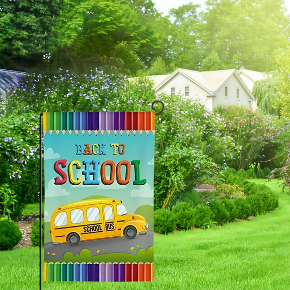 Heduofu Back to School Garden Flag Double Sided, Colorful Pencil School Bus Fall Leaves House Yard Flags Outdoor Indoor Banner for Home Welcome Back Decorations 28x40in