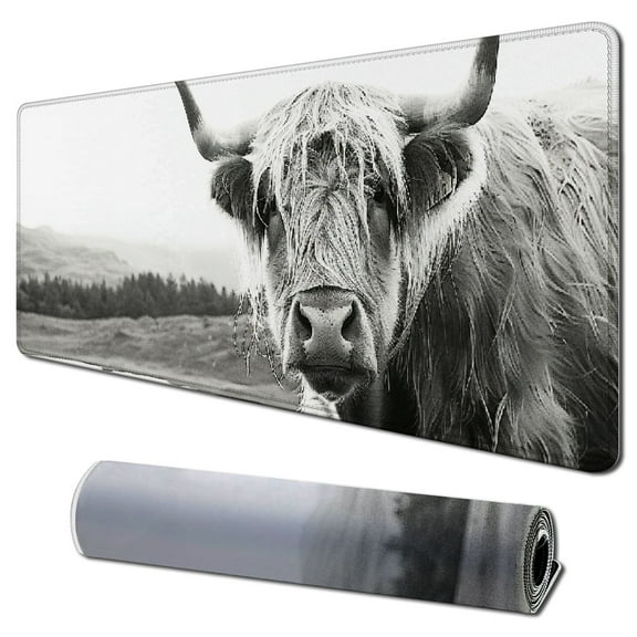 Heduofu Black and White Mouse Pad, Scottish Highland Cow on Isle of Mull Mouse Pad, Mouse Mat Square Mouse Pad Non Slip Rubber Base MousePads for Office Laptop 31.5x11.8 in