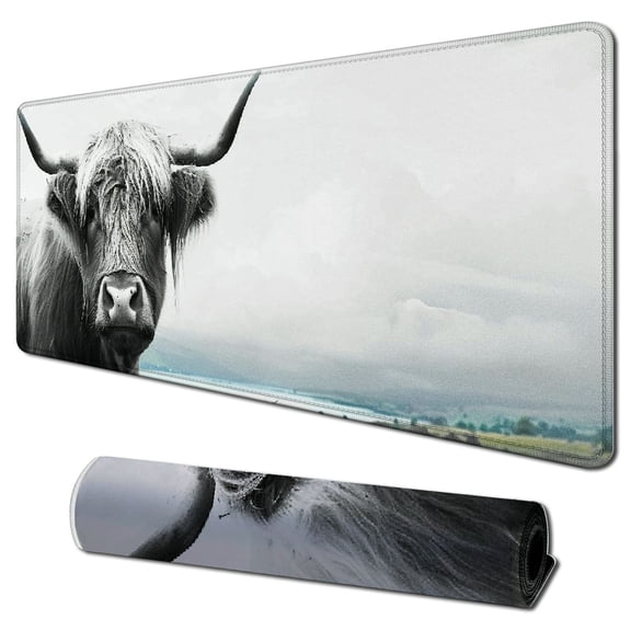 Heduofu Black and White Mouse Pad, Scottish Highland Cow on Isle of Mull Mouse Pad, Mouse Mat Square Mouse Pad Non Slip Rubber Base MousePads for Office Laptop 31.5x11.8 in