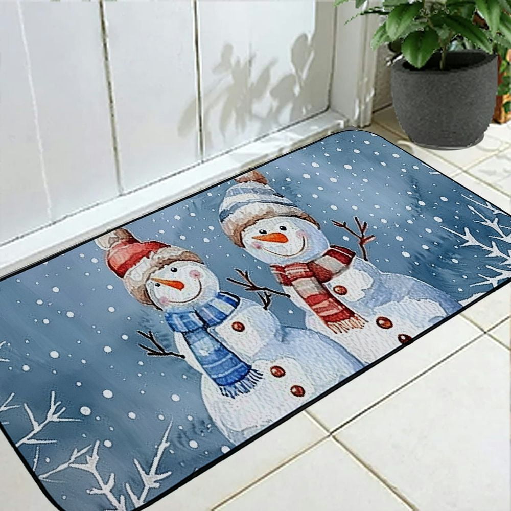 Heduofu Blue Snowman Christmas Front Door Mat, Door Outdoor/Indoor Funny Welcome Mat, Snowflake Winter Xmas Tree Floor Non-Slip Doormat Kitchen Rugs for Entryway Bedroom 19.68*47.24 in