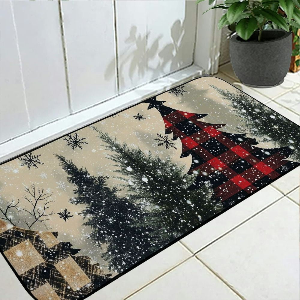 Heduofu Buffalo Plaid Xmas Pine Tree Kitchen Mat for Floor, Anti Fatigue Winter Snowflake Decor, Non Slip Kitchen Floor Mat
