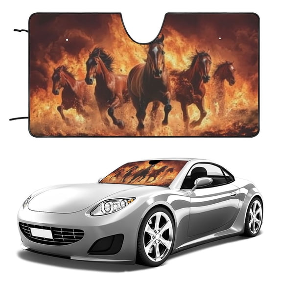 Heduofu Burning Fire Horse Car Windshield Sun Shade for Car Interior Sun Protection Car Sunshade Protector for Most Vehicles, Universal Fit Car, Trucks, SUV, Sedans 51x28in