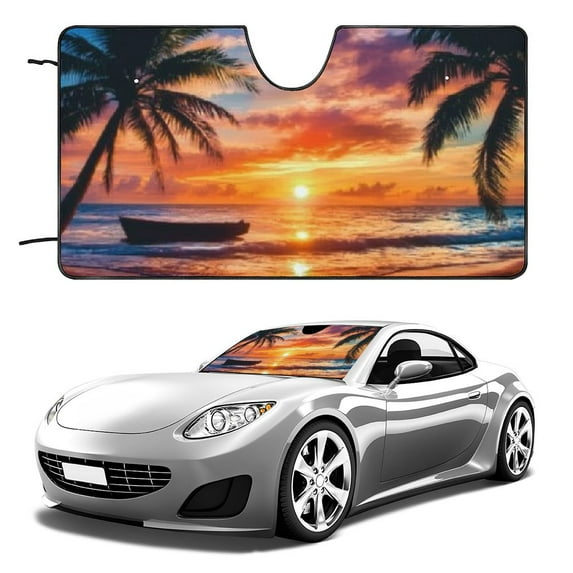 Heduofu Car Windshield Sun Shade, Sunset Beach Palm Tree Sunshades Sun Visor Protector Blocks UV Rays Foldable Keep Your Vehicle Cool for Most Sedans SUV Truck 51x28in