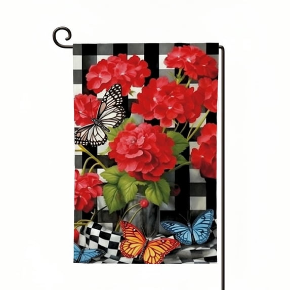 Heduofu Checkered Geraniums Summer Welcome Garden Flag Double Sided, House Yard Outdoor Decor, Seasonal Arrangement Home Outside lawn Farmhouse Decoration White